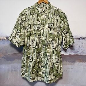 Vtg WOOLRICH Mens M Golfer Print Shirt Button Down Woven Short‎ Sleeve Green 90s